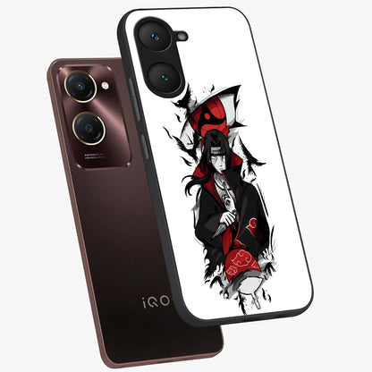 Itachi Limited Edition Naruto Anime Glass Case displayed in angled mockup highlighting dramatic anime illustration with bold action aesthetic.