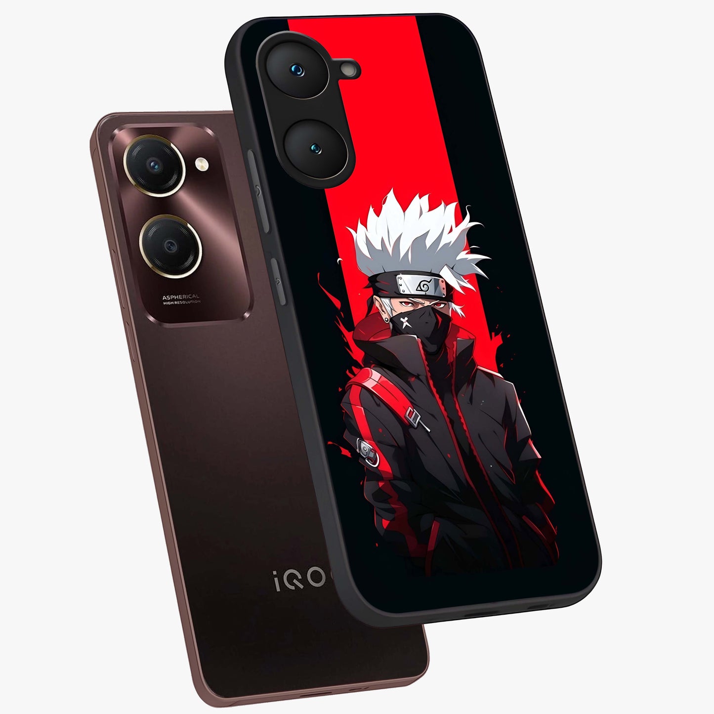 Kakashi Scarlet Shadow Glass Case displayed in angled mockup highlighting dramatic ninja illustration with scarlet themed aesthetic.