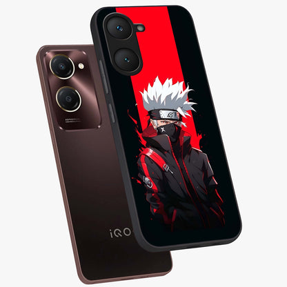 Kakashi Scarlet Shadow Glass Case displayed in angled mockup highlighting dramatic ninja illustration with scarlet themed aesthetic.