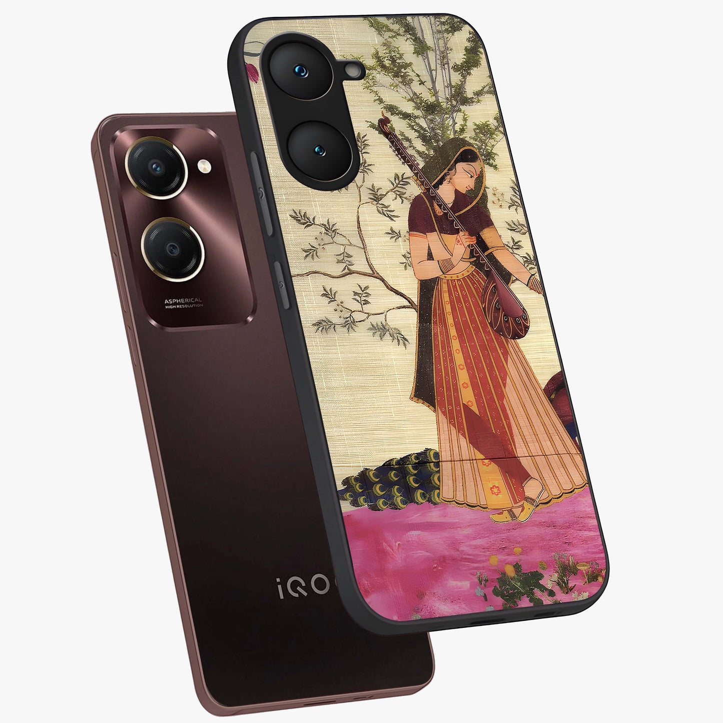 Lady With Veena Art Glass Case displayed in angled mockup highlighting graceful musical illustration with cultural artistic aesthetic.