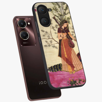 Lady With Veena Art Glass Case displayed in angled mockup highlighting graceful musical illustration with cultural artistic aesthetic.