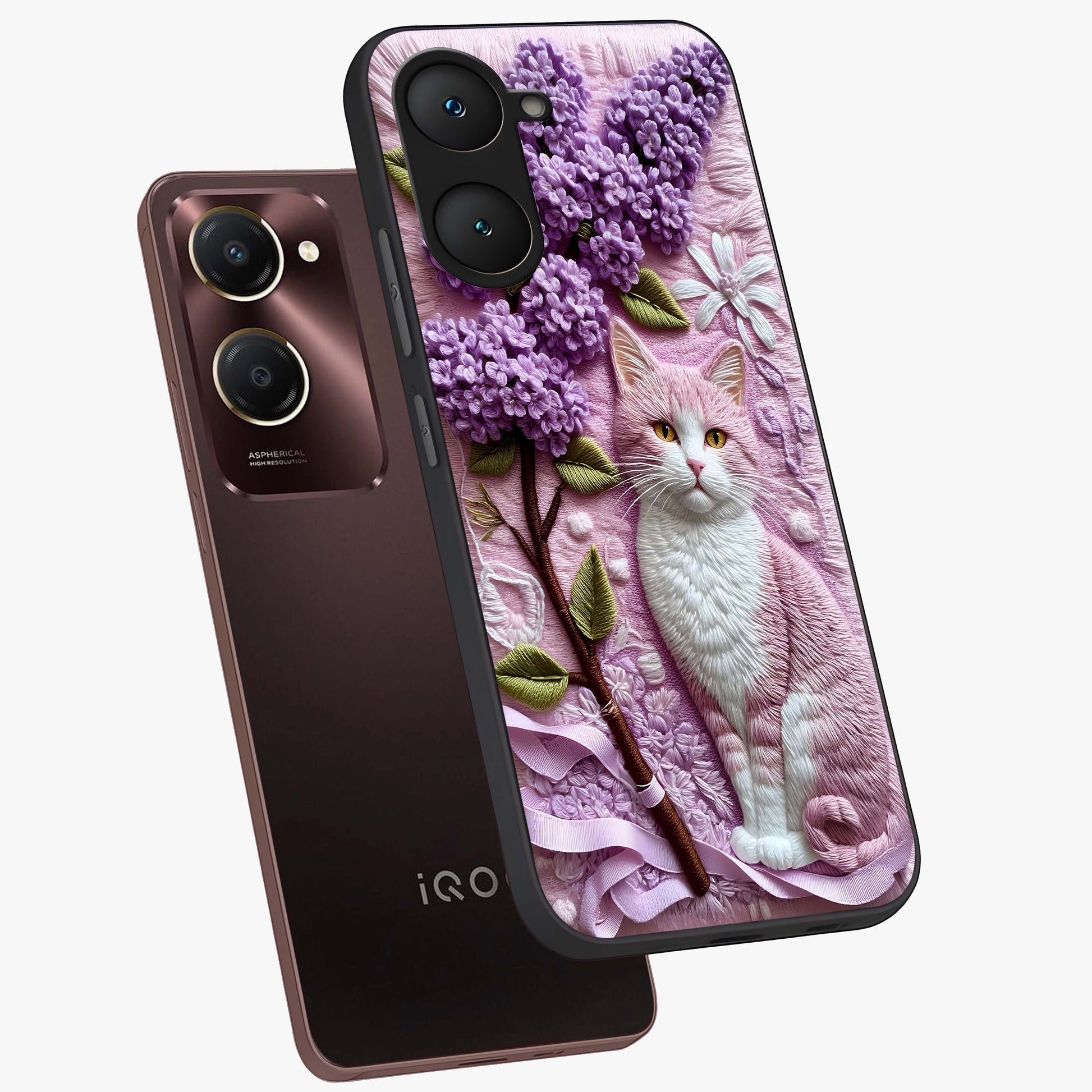 Lavender Cat Whimsy Glass Case displayed in angled mockup highlighting playful feline illustration with pastel lavender aesthetic.