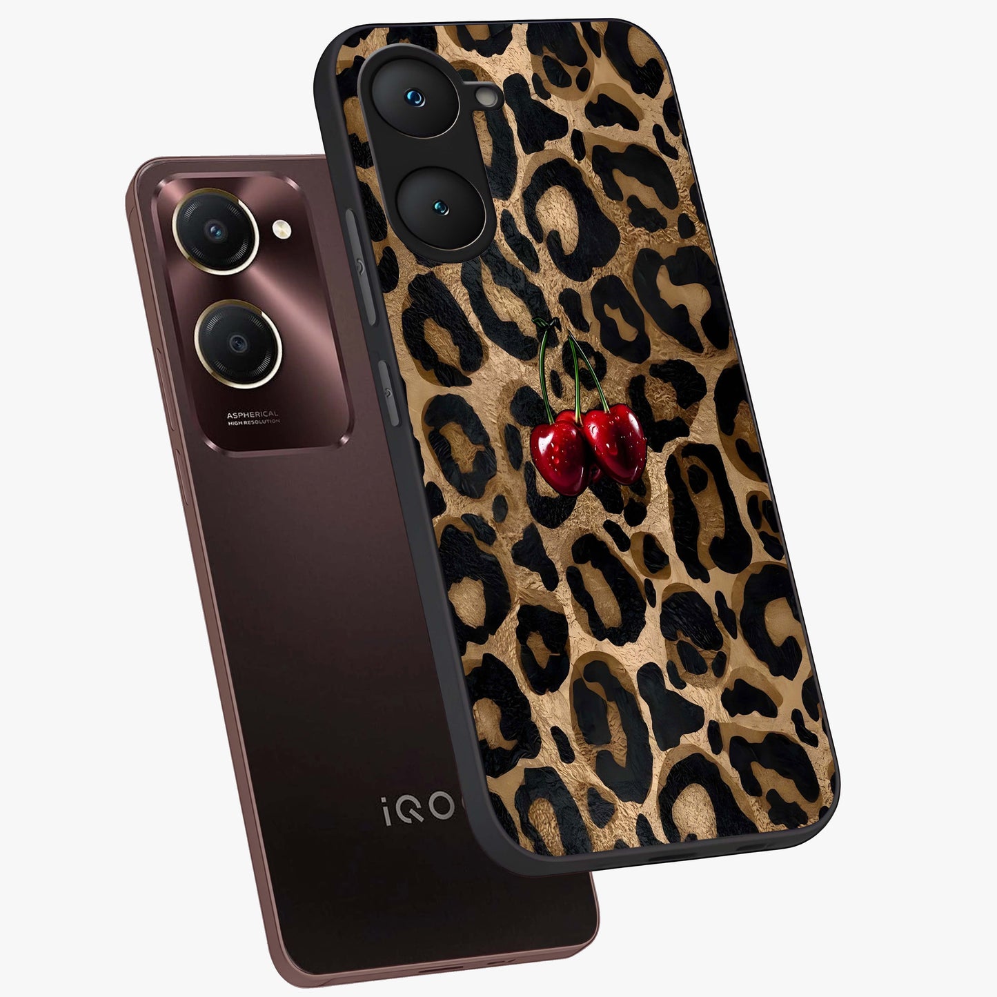 Leopard Wild Cherry Glass Case displayed in angled mockup highlighting bold animal print design with playful cherry aesthetic.