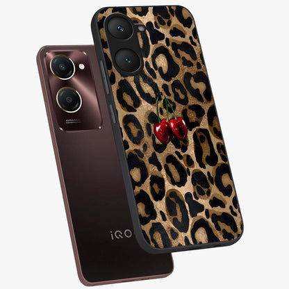 Leopard Wild Cherry Glass Case displayed in angled mockup highlighting bold animal print design with playful cherry aesthetic.