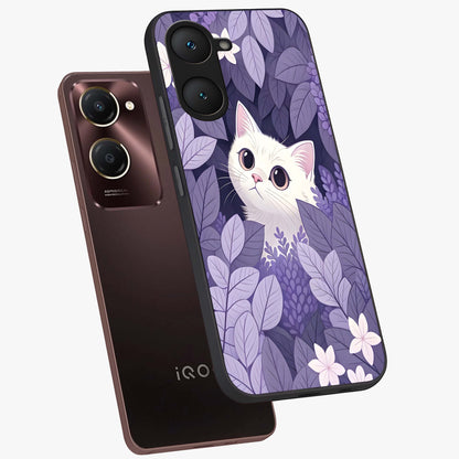 Lilac Hide Peek Cat Glass Case displayed in angled mockup highlighting playful feline illustration with lilac aesthetic design.