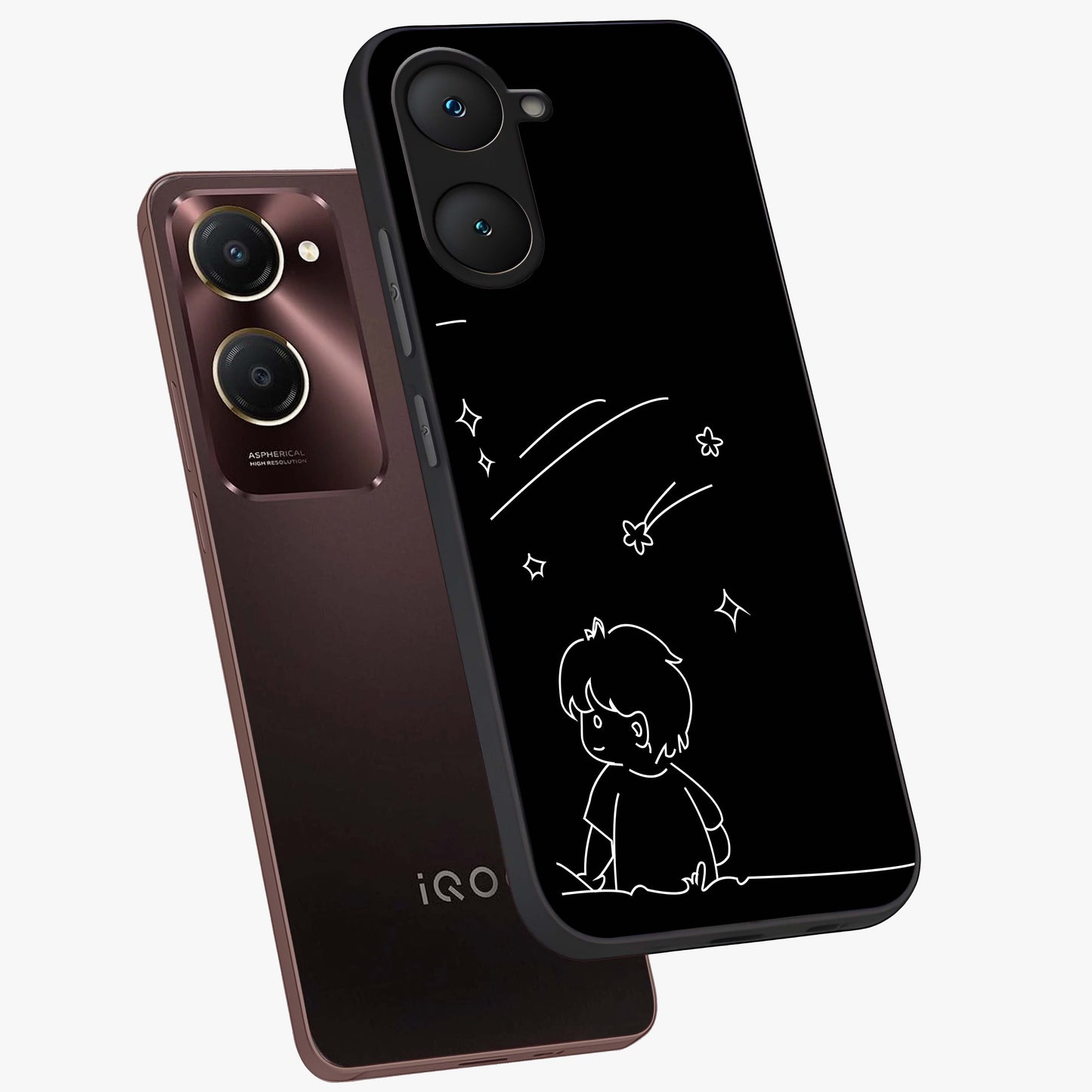 Line Art Boy With Shooting Stars Glass Case displayed in angled mockup highlighting elegant line art design with dreamy star aesthetic.