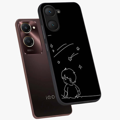 Line Art Boy With Shooting Stars Glass Case displayed in angled mockup highlighting elegant line art design with dreamy star aesthetic.