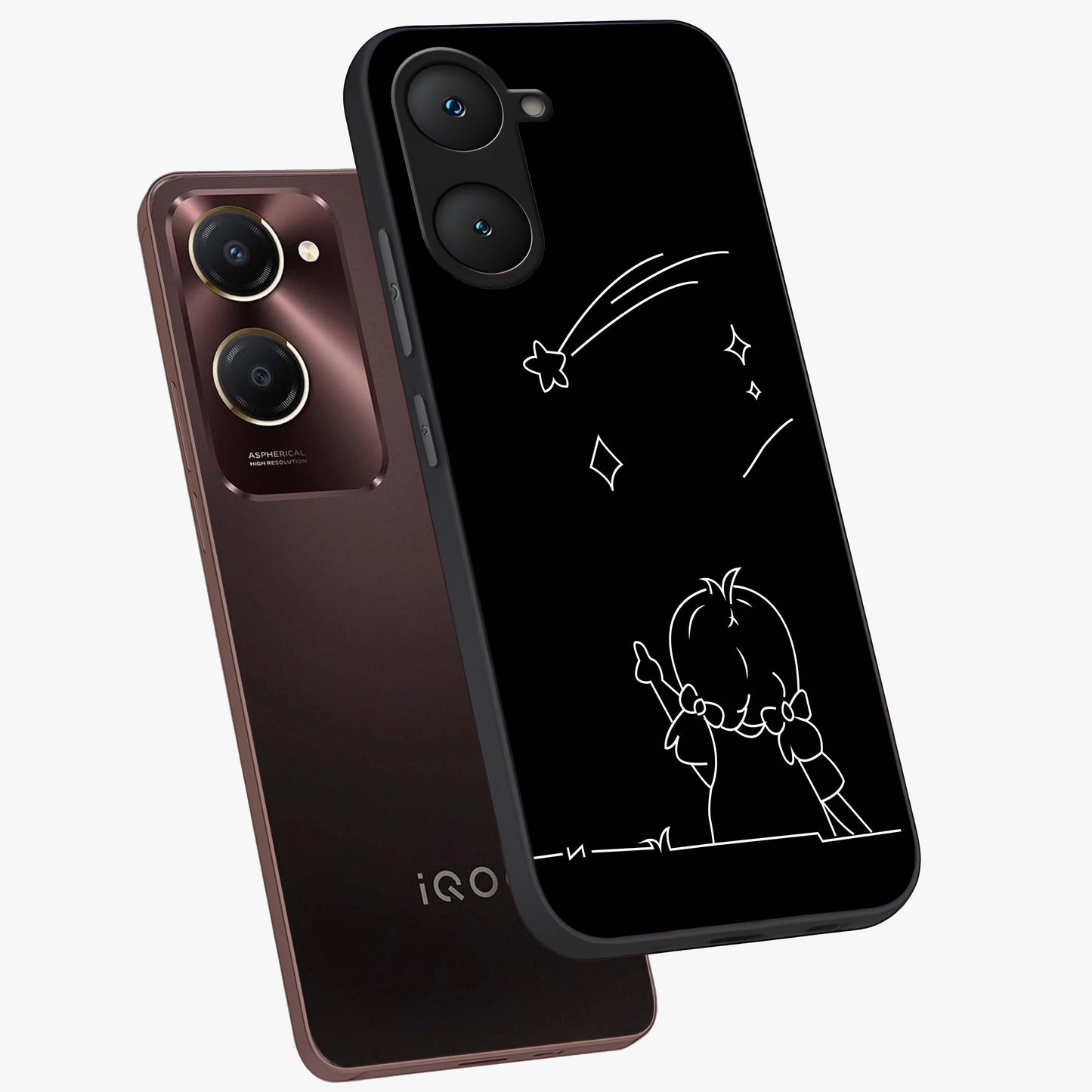 Line Art Girl With Shooting Stars Glass Case displayed in angled mockup highlighting elegant line art design with dreamy star aesthetic.