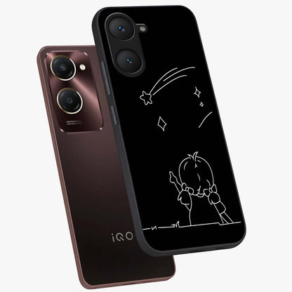 Line Art Girl With Shooting Stars Glass Case displayed in angled mockup highlighting elegant line art design with dreamy star aesthetic.