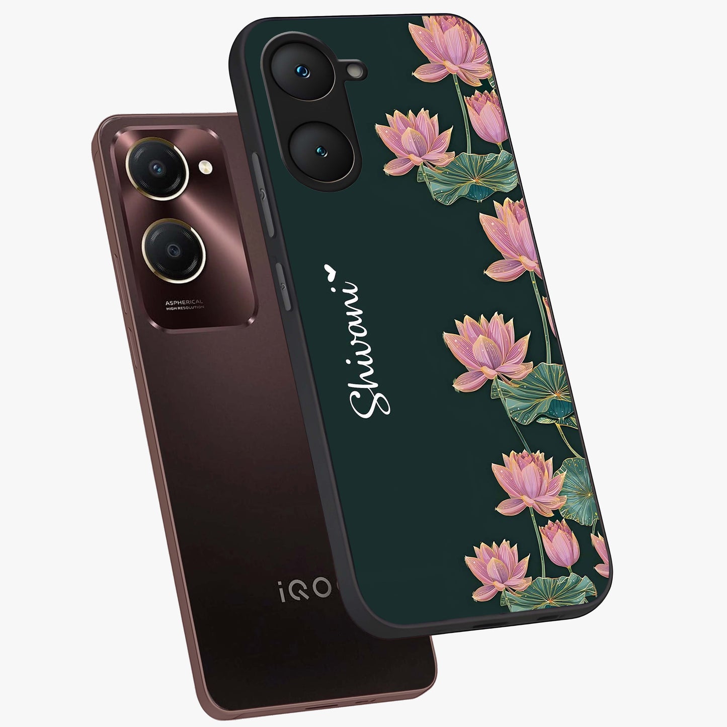 Lotus Bloom Serenity Custom Name Glass Case displayed in angled mockup highlighting graceful lotus illustration with custom name feature.