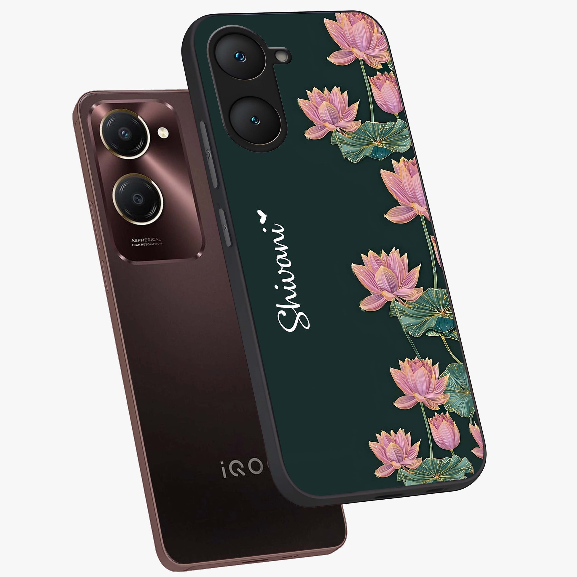 Lotus Bloom Serenity Custom Name Glass Case displayed in angled mockup highlighting graceful lotus illustration with custom name feature.