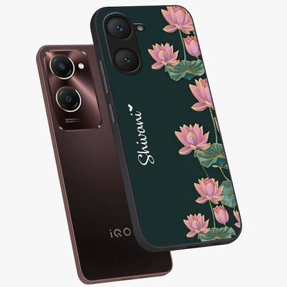 Lotus Bloom Serenity Custom Name Glass Case displayed in angled mockup highlighting graceful lotus illustration with custom name feature.