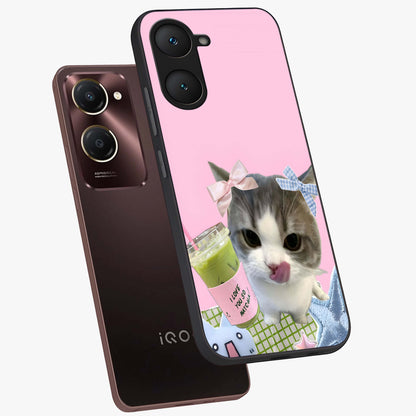 Love Matcha Cat Glass Case displayed in angled mockup highlighting playful feline illustration with cozy matcha aesthetic.