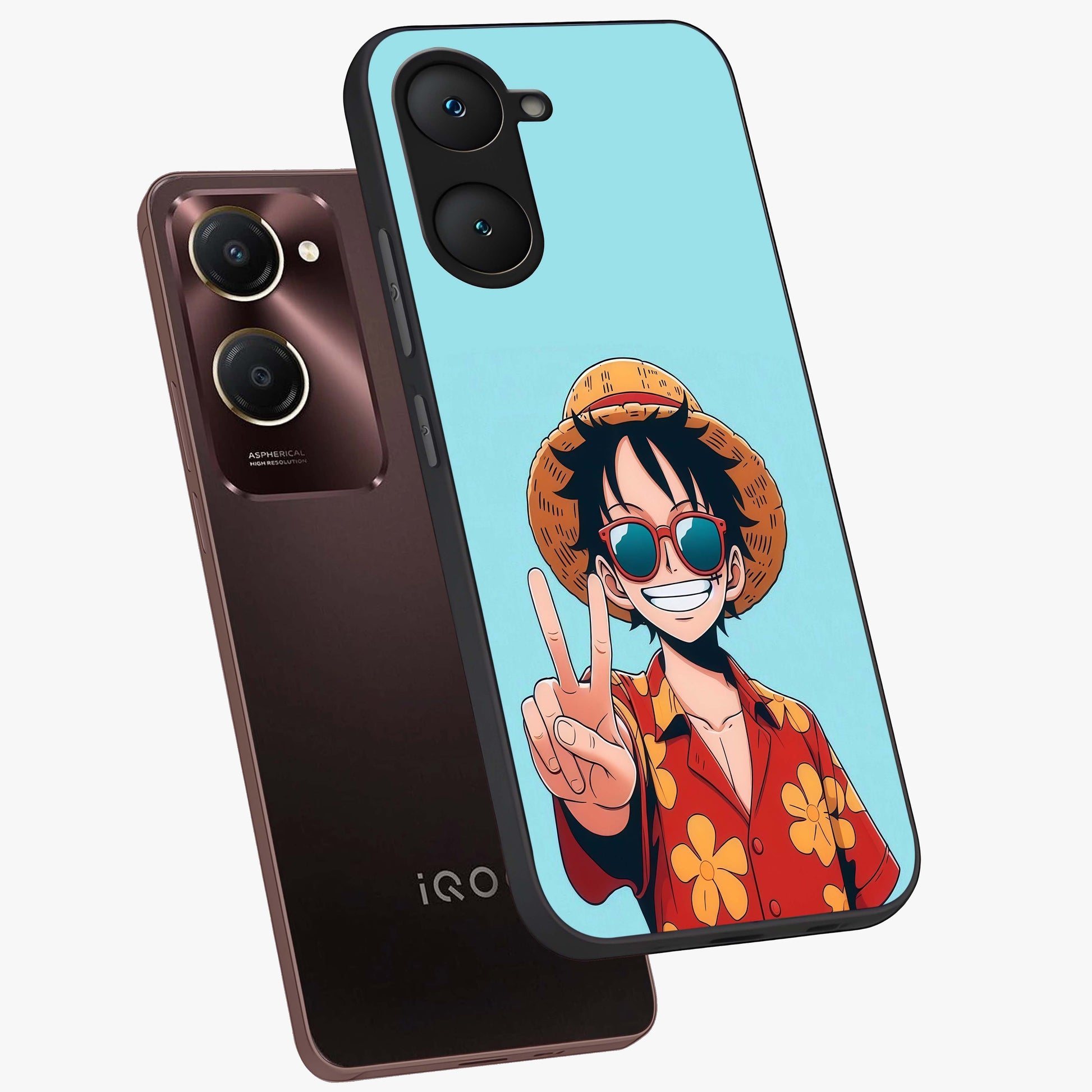 Luffy Summer Anime Vibe Glass Case displayed in angled mockup highlighting energetic anime illustration with summer vibe aesthetic.