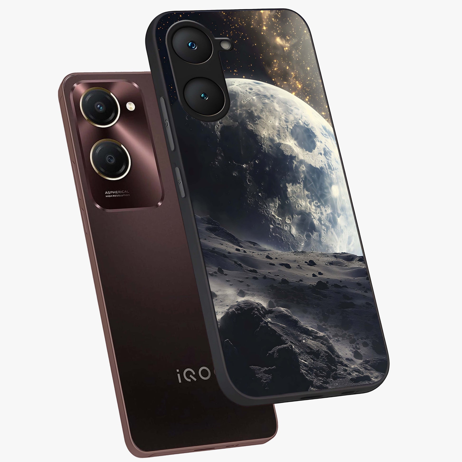 Lunar Horizon Glow Glass Case displayed in angled mockup highlighting celestial moon design with dreamy night aesthetic.