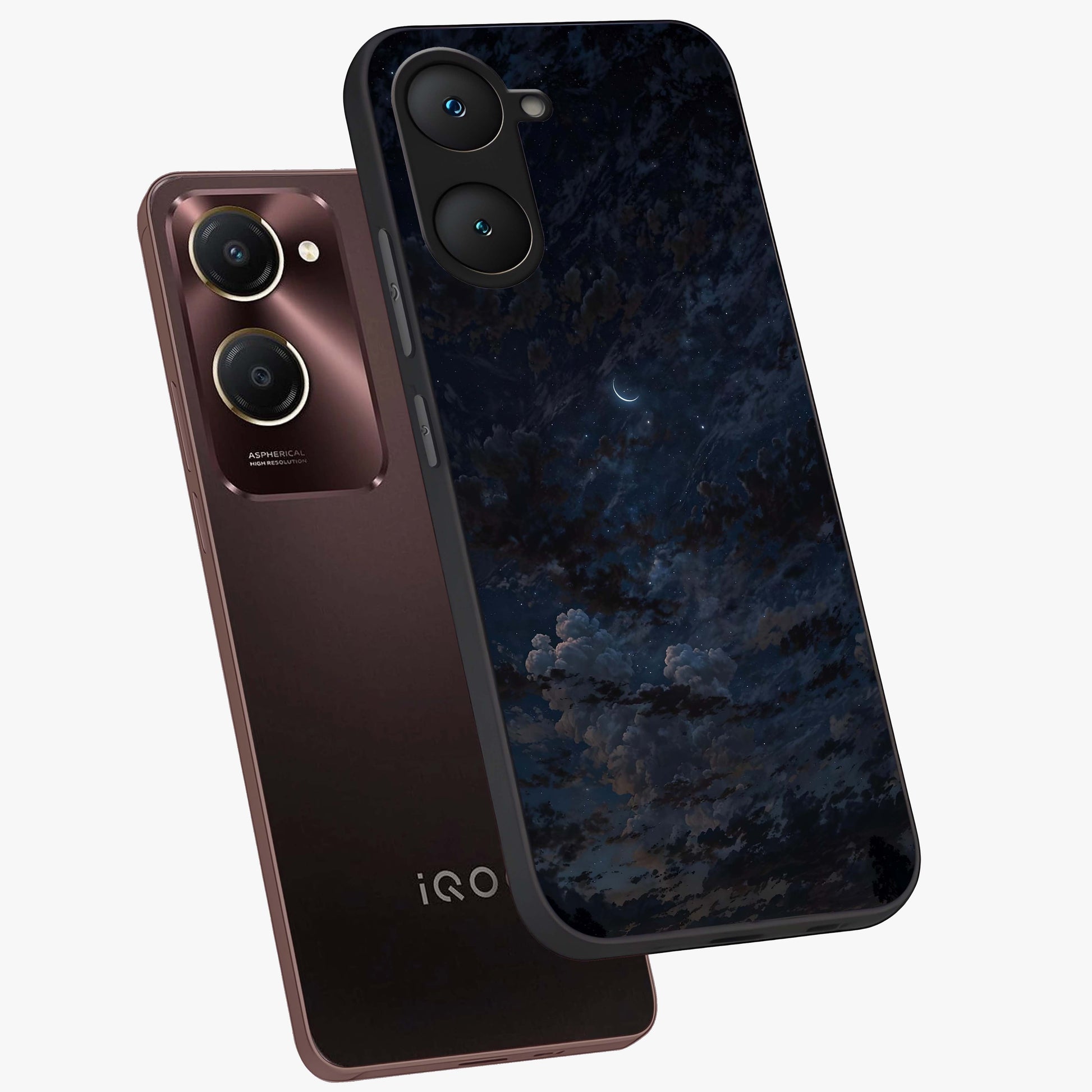 Lunar Veil Silence Glass Case displayed in angled mockup highlighting soft lunar design with peaceful celestial aesthetic.