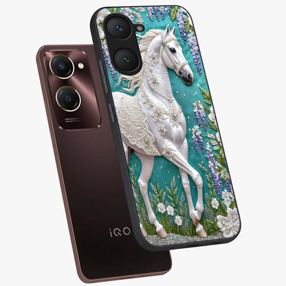 Majestic Floral Stallion Glass Case displayed in angled mockup highlighting majestic stallion illustration with elegant floral aesthetic.