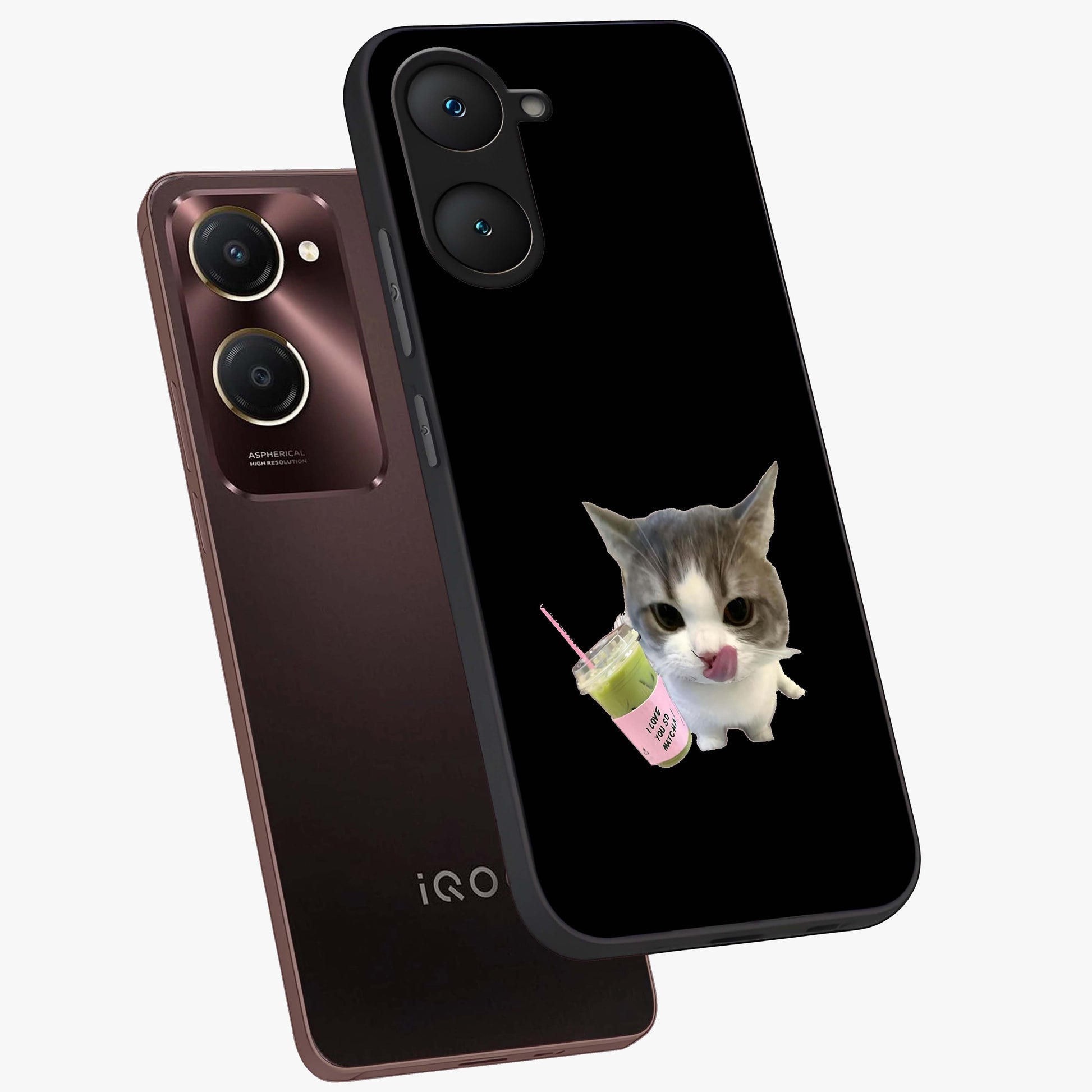 Matcha Cat Style Glass Case displayed in angled mockup highlighting playful feline design with pastel matcha aesthetic.