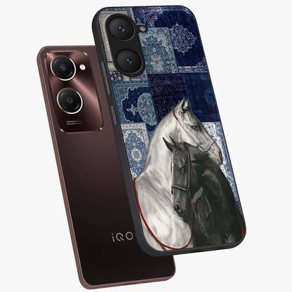 Midnight Stallion Blues Glass Case displayed in angled mockup highlighting powerful stallion illustration with deep midnight tones.