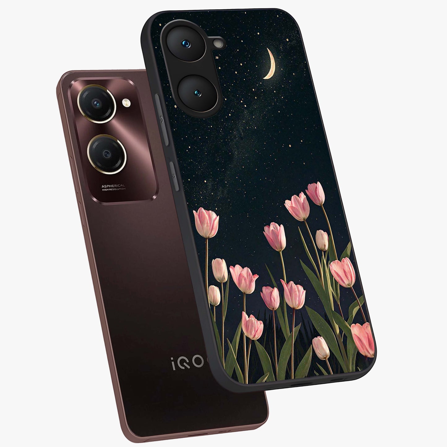 Midnight Tulip Whispers Vibe Glass Case displayed in angled mockup highlighting delicate tulip design with midnight floral aesthetic.