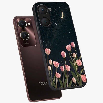 Midnight Tulip Whispers Vibe Glass Case displayed in angled mockup highlighting delicate tulip design with midnight floral aesthetic.