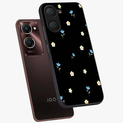 Minimal Petal Whispers Glass Case displayed in angled mockup highlighting delicate petal design with clean minimal aesthetic.