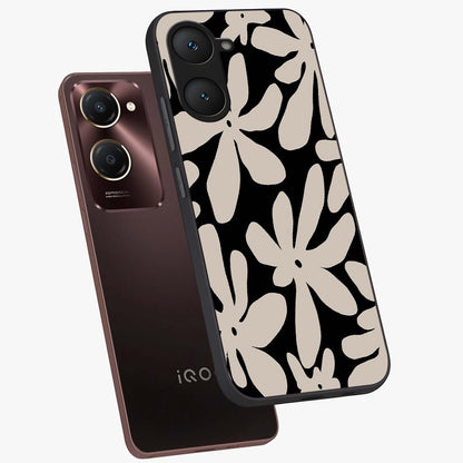 Monochrome Petal Dance Glass Case displayed in angled mockup highlighting elegant petal design with black and white aesthetic.