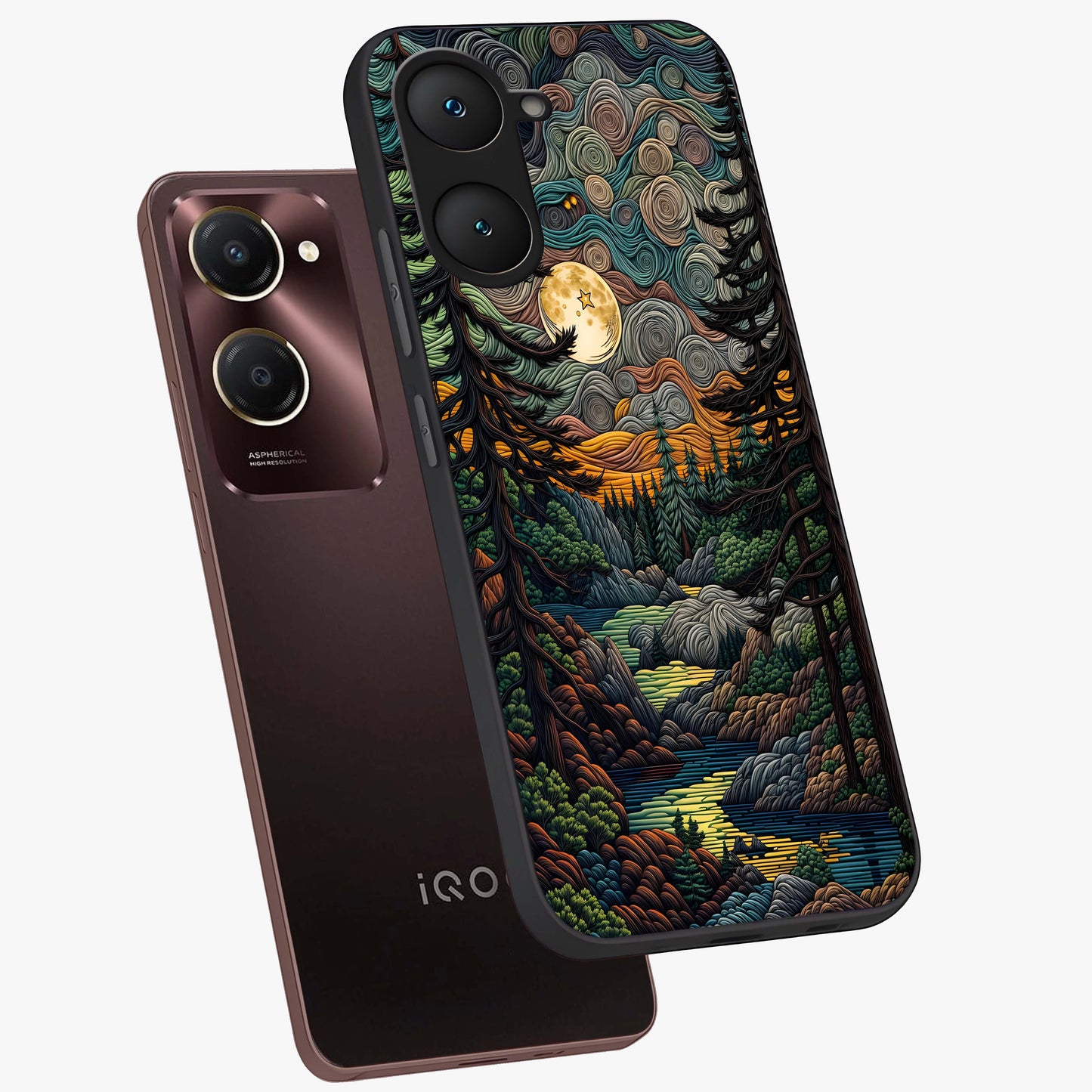 Moonlight Forest Dream Glass Case displayed in angled mockup highlighting dreamy forest design with glowing moon aesthetic.