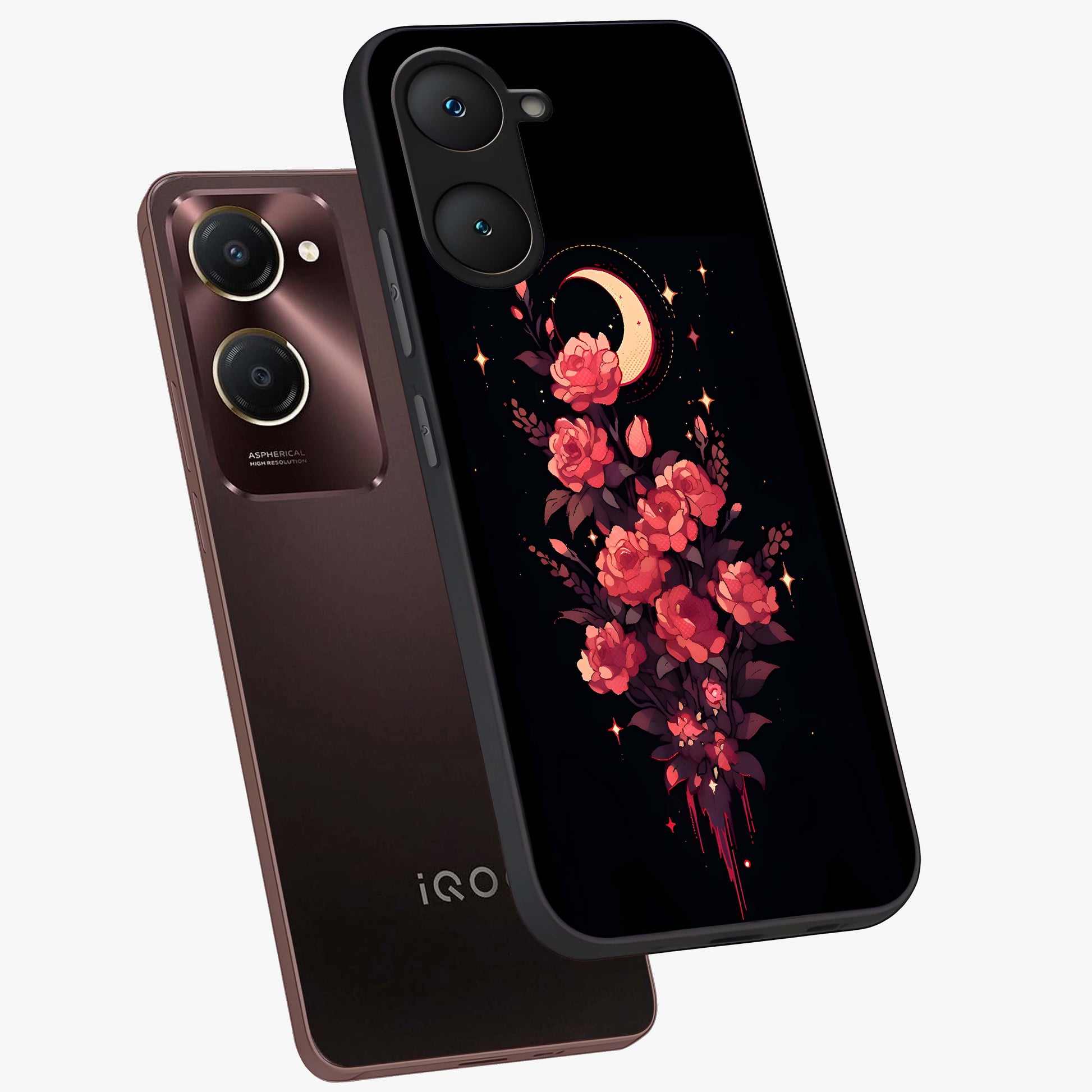 Moonlit Floral Elegance Glass Case displayed in angled mockup highlighting graceful flower design with soft moonlight aesthetic.