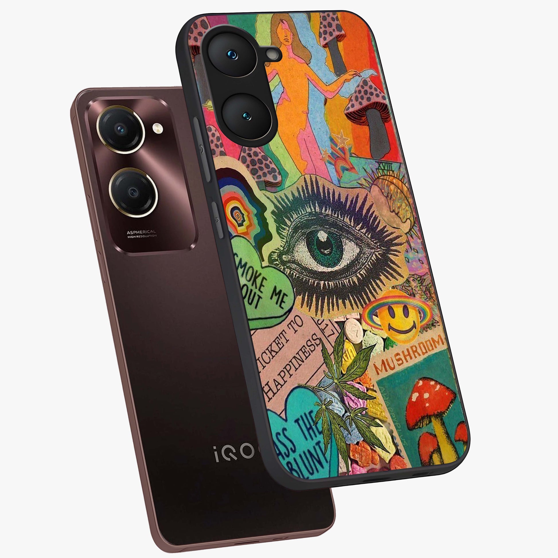 Mystic Eye Wonderland Glass Case displayed in angled mockup highlighting magical eye illustration with dreamy aesthetic.