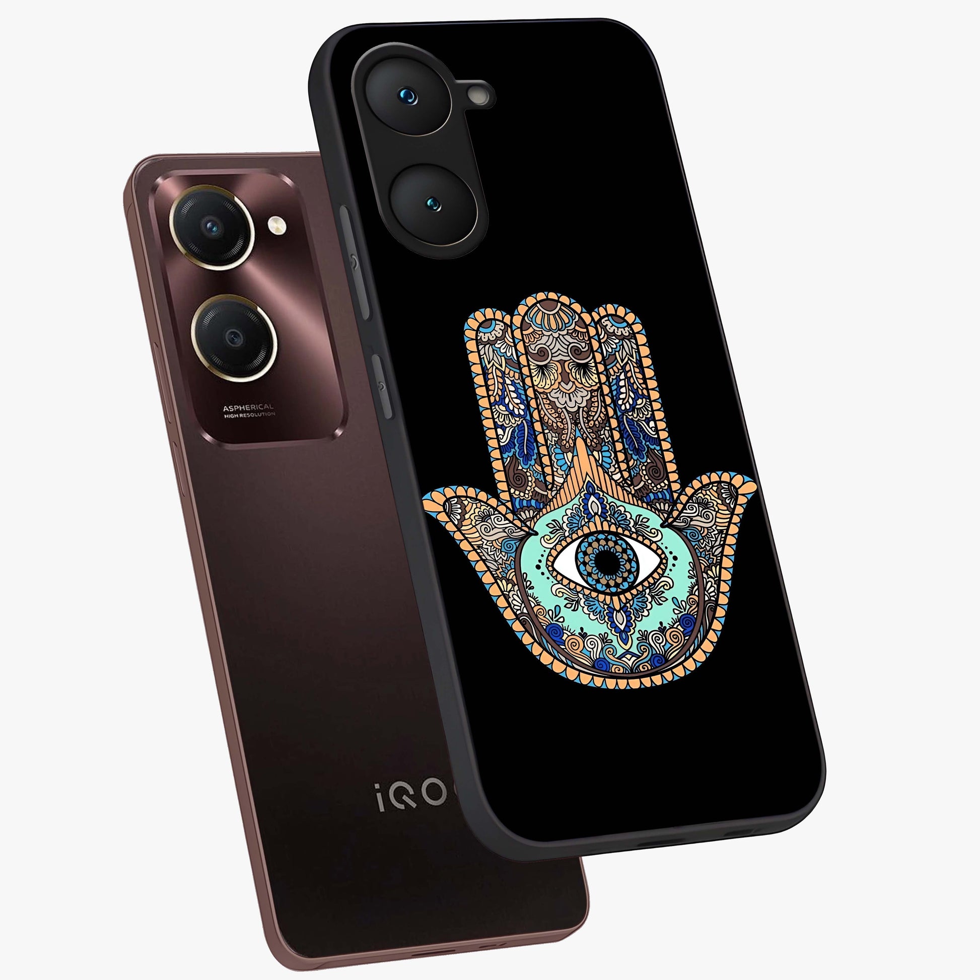 Mystic Hamsa Eye Glass Case displayed in angled mockup highlighting spiritual hamsa symbol with mystical aesthetic style.