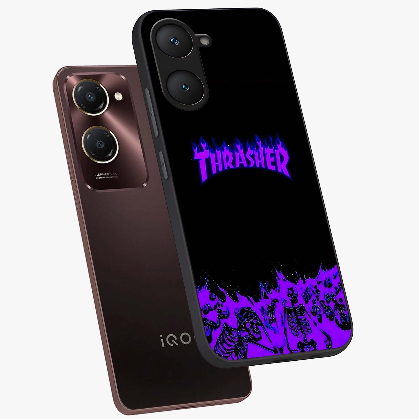 Neon Flame Riot Glass Case displayed in angled mockup highlighting glowing flame design with vibrant neon aesthetic.