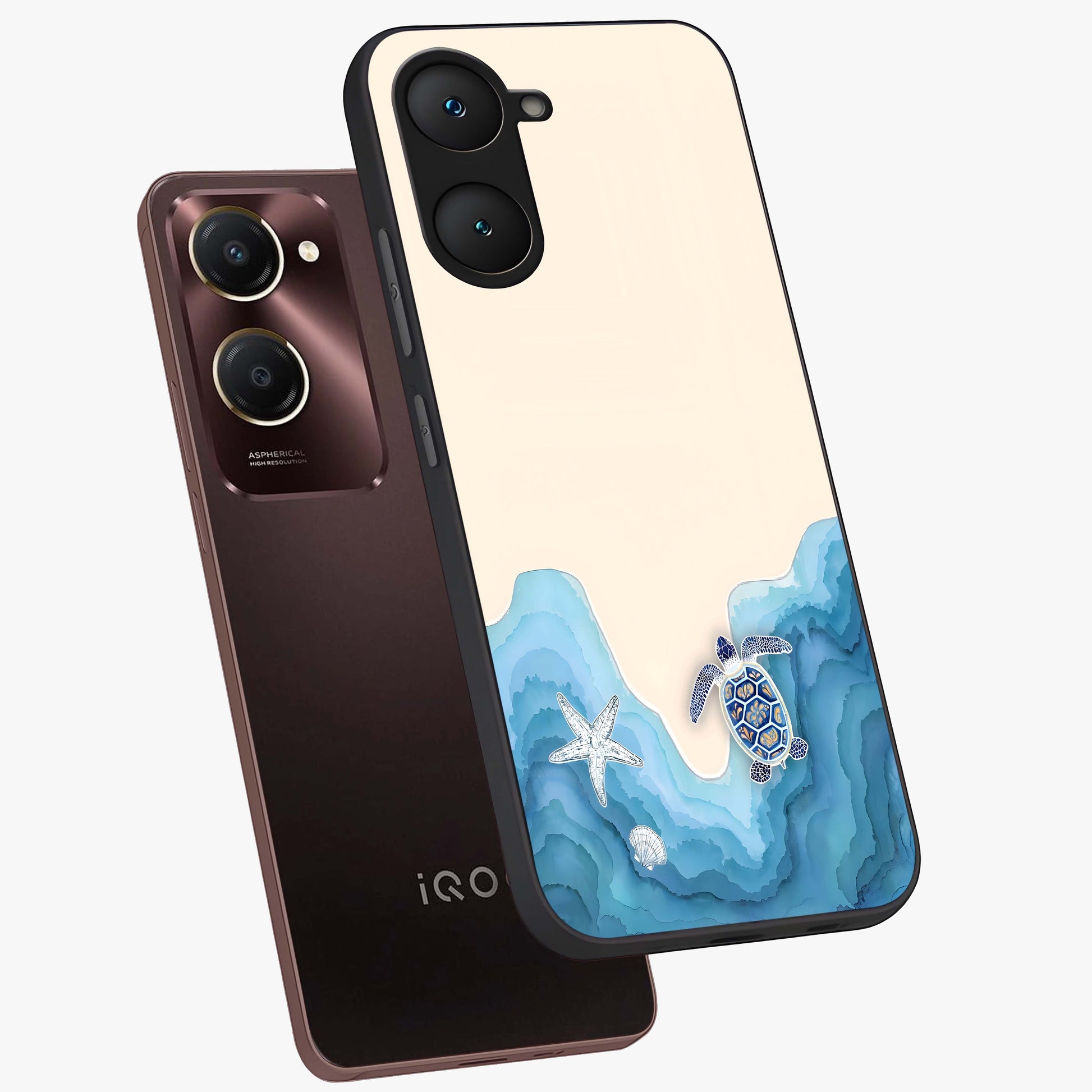 Ocean Drift Turtle Glass Case displayed in angled mockup highlighting peaceful ocean turtle illustration with marine aesthetic.