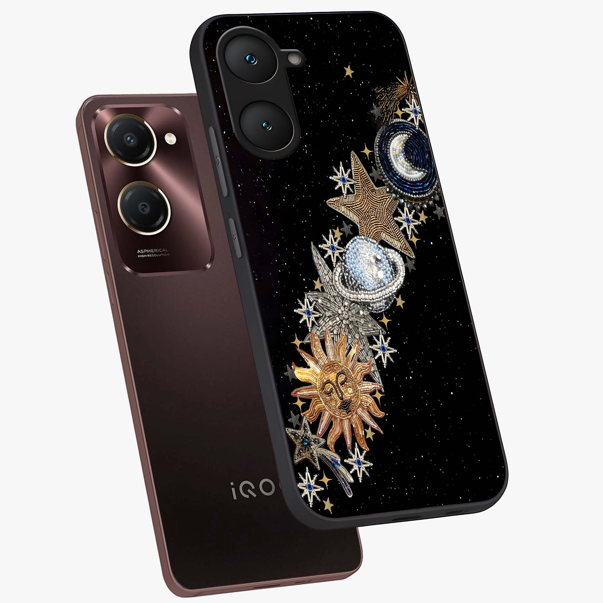 Pearls Universe Object Glass Case displayed in angled mockup highlighting celestial pearl design with dreamy aesthetic.