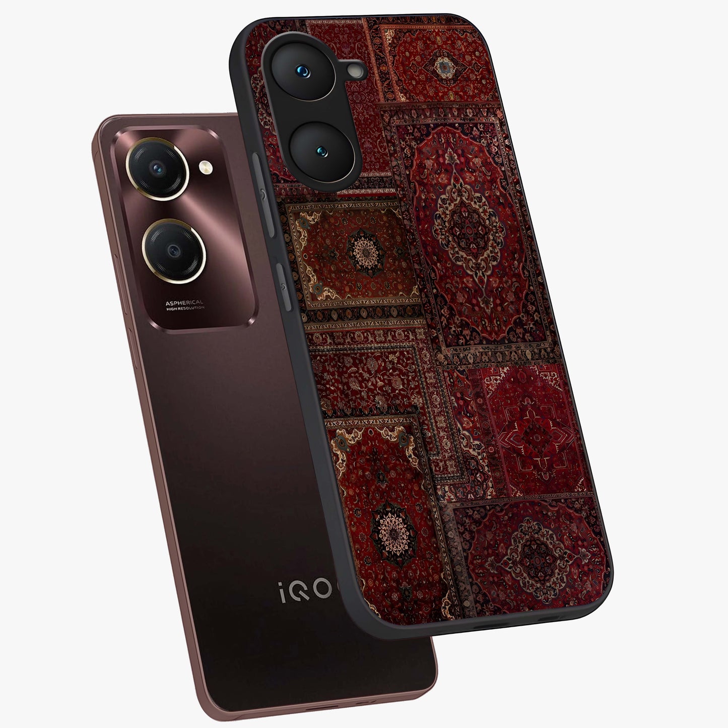 Persian Velvet Tale Glass Case displayed in angled mockup highlighting ornate textile inspired design with royal aesthetic.