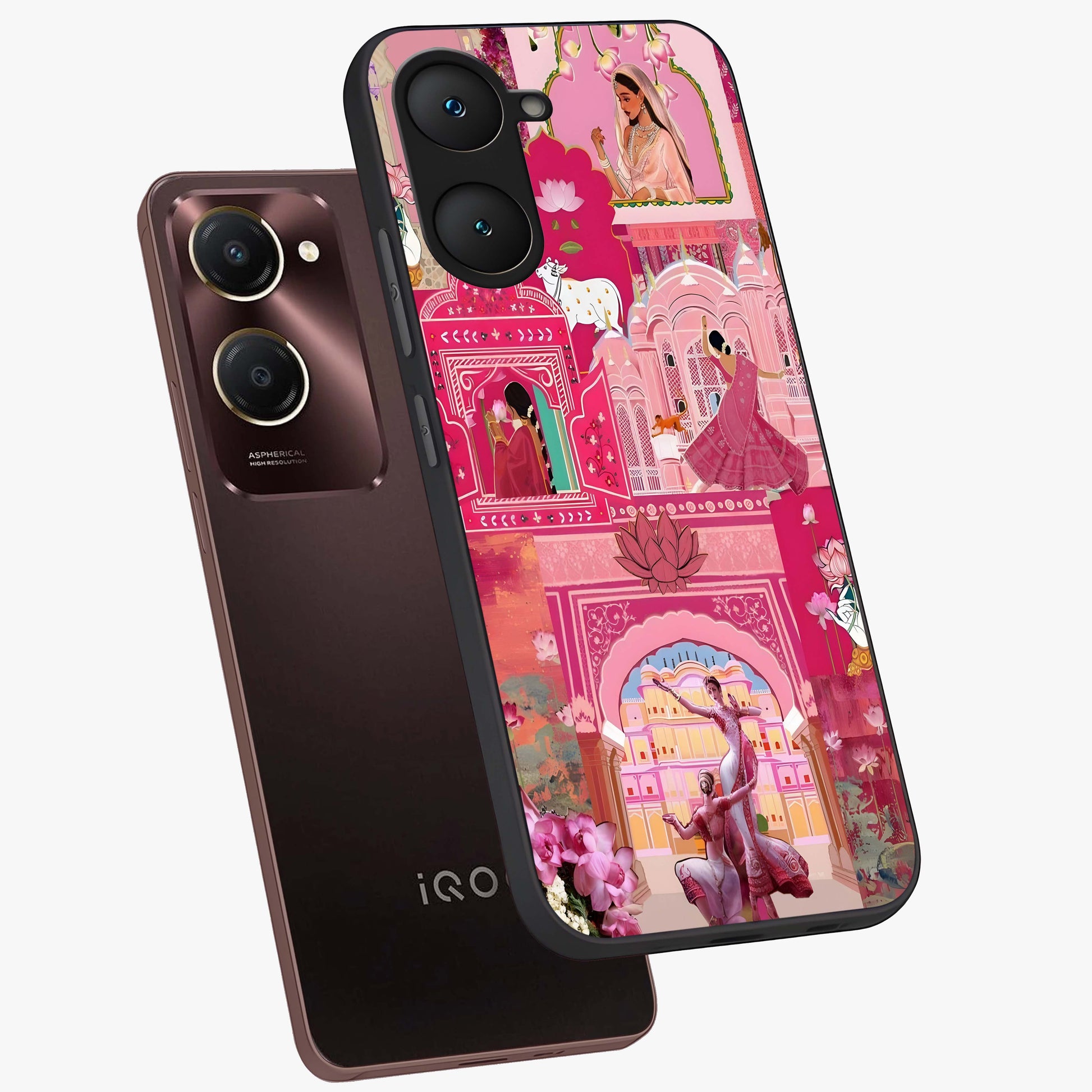 Pink Palace Muse Glass Case displayed in angled mockup highlighting dreamy palace illustration with soft pink aesthetic.