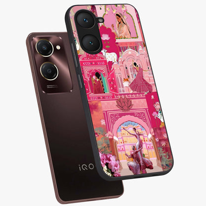 Pink Palace Muse Glass Case displayed in angled mockup highlighting dreamy palace illustration with soft pink aesthetic.