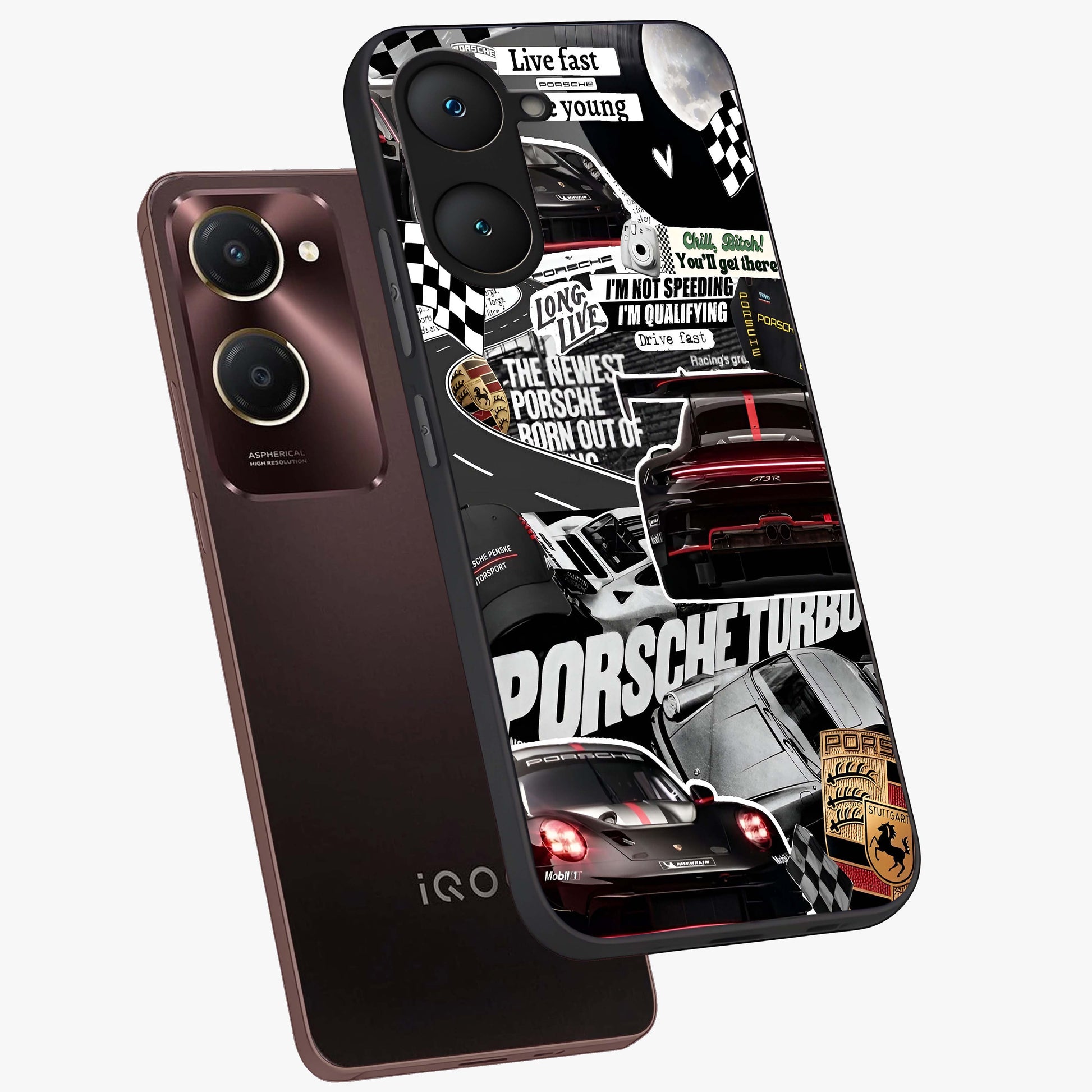 Porsche Racing Collage Glass Case displayed in angled mockup highlighting dynamic automotive design with bold racing aesthetic.