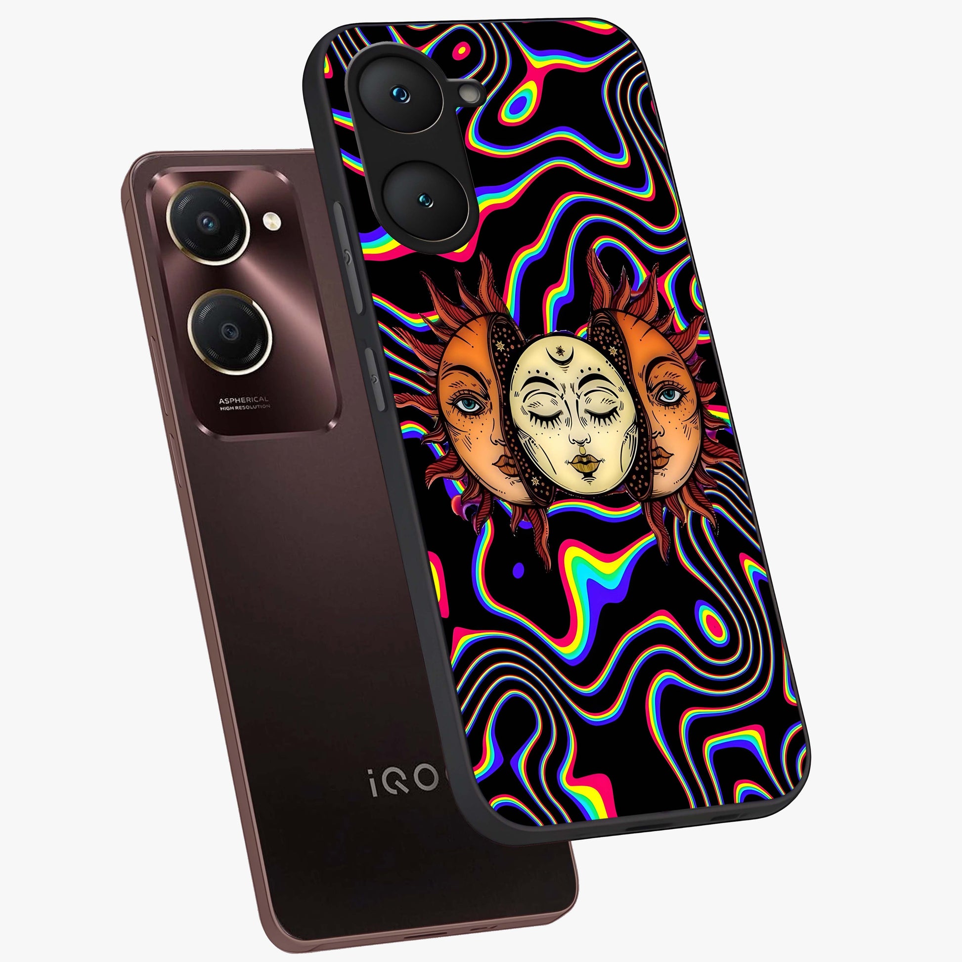 Psychedelic Sun Glass Case displayed in angled mockup highlighting vibrant abstract sun design with artistic aesthetic style.