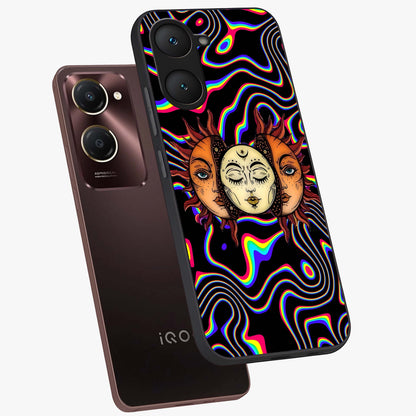 Psychedelic Sun Glass Case displayed in angled mockup highlighting vibrant abstract sun design with artistic aesthetic style.