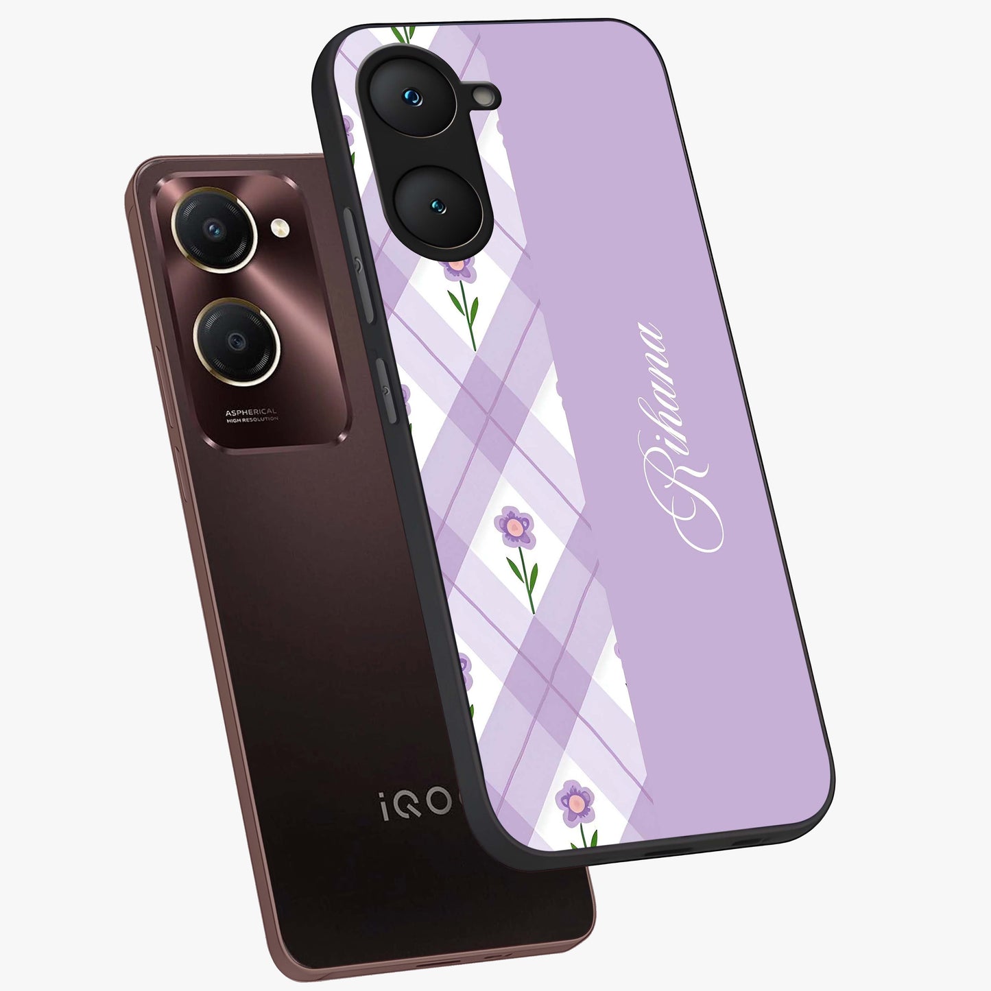 Purple Diamond Floral Glass Case displayed in angled mockup highlighting elegant purple flower design with decorative pattern.