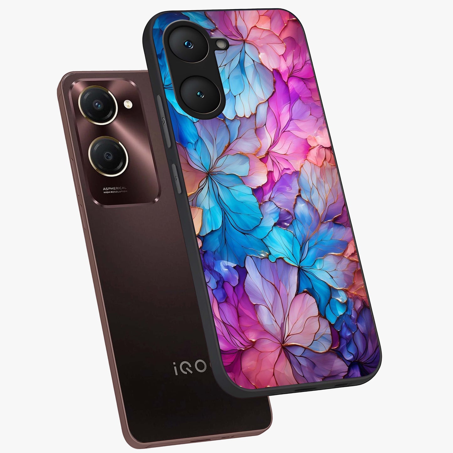 Radiant Floral Whirl Glass Case displayed in angled mockup highlighting vibrant flower pattern with dynamic artistic aesthetic.