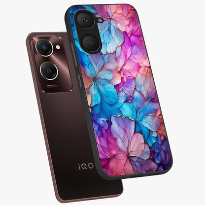 Radiant Floral Whirl Glass Case displayed in angled mockup highlighting vibrant flower pattern with dynamic artistic aesthetic.
