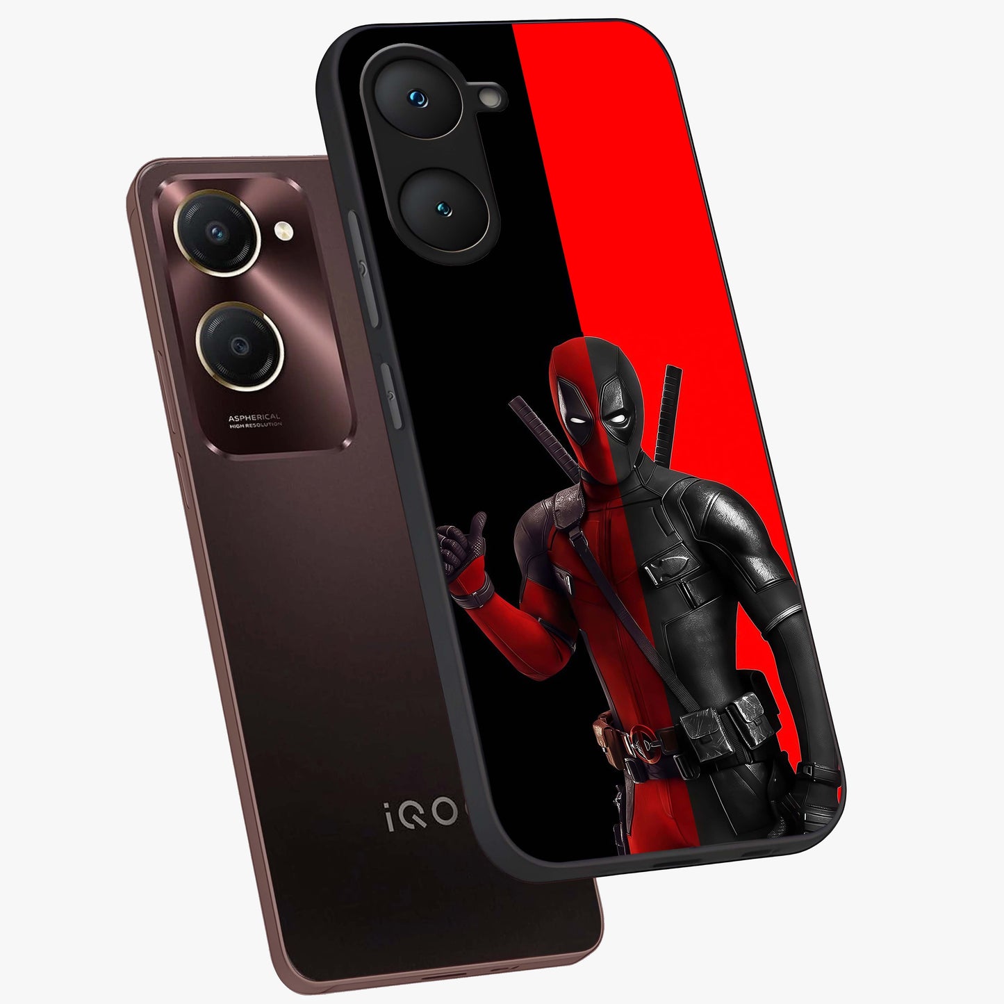 Red & Black Deadpool Theme Glass Case displayed in angled mockup highlighting vibrant superhero style illustration with action aesthetic.