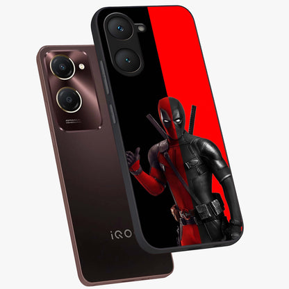 Red & Black Deadpool Theme Glass Case displayed in angled mockup highlighting vibrant superhero style illustration with action aesthetic.