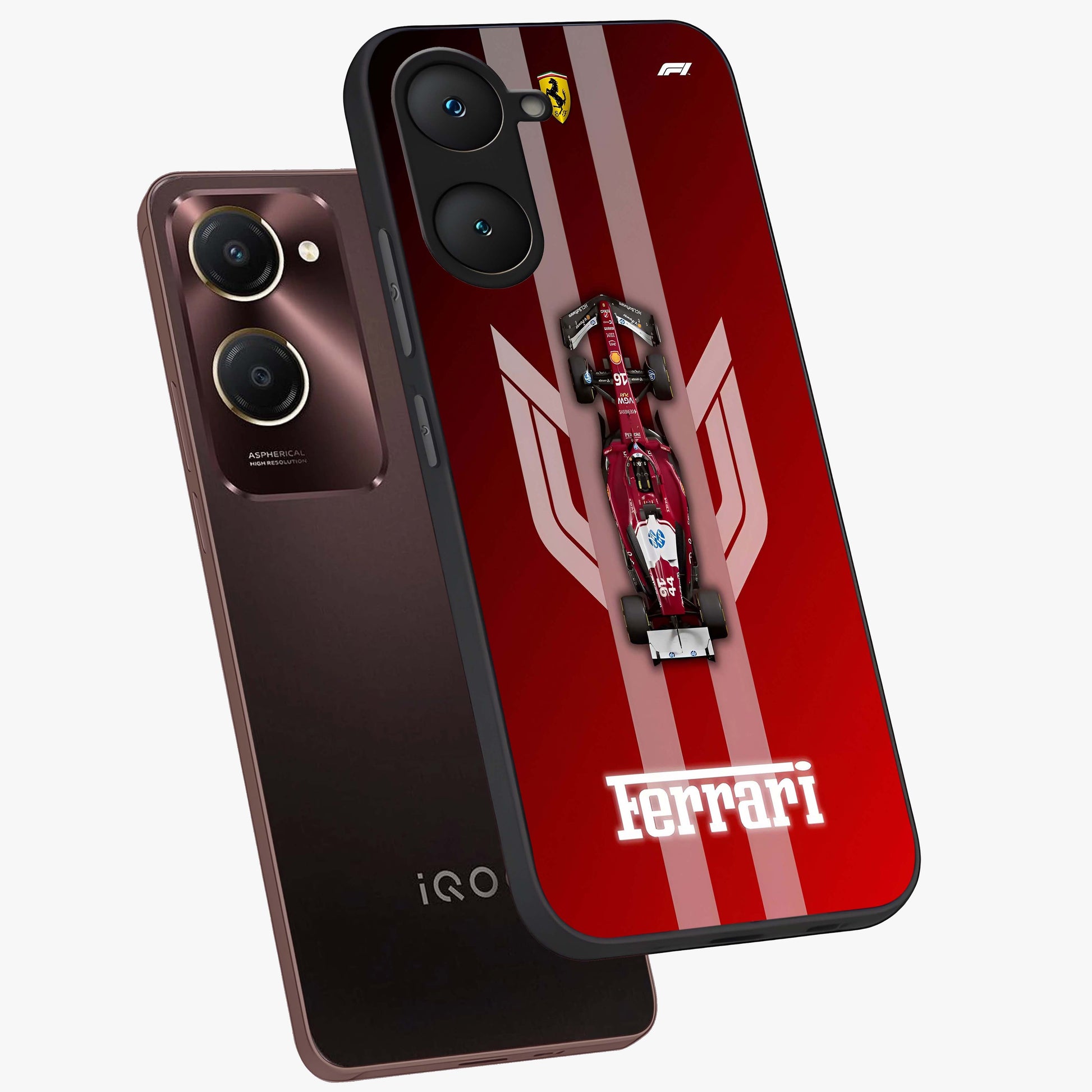 Red Ferrari F1 Vertical Glass Case displayed in angled mockup highlighting high speed racing design with bold automotive aesthetic.