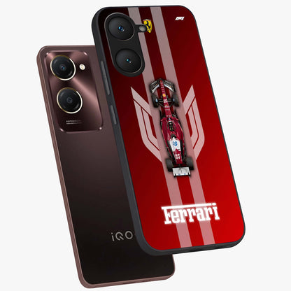Red Ferrari F1 Vertical Glass Case displayed in angled mockup highlighting high speed racing design with bold automotive aesthetic.