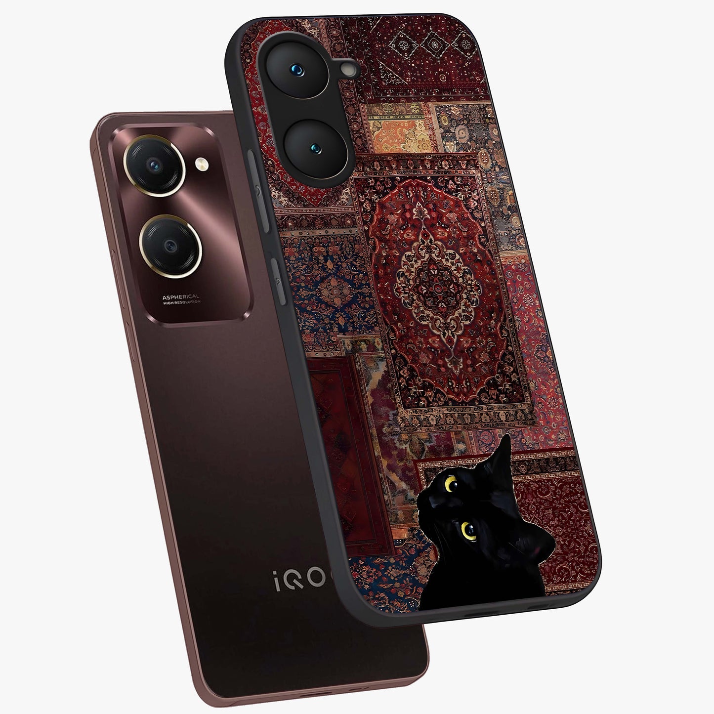 Regal Magic Cat Apple Glass Case displayed in angled mockup highlighting whimsical feline design with fantasy aesthetic.