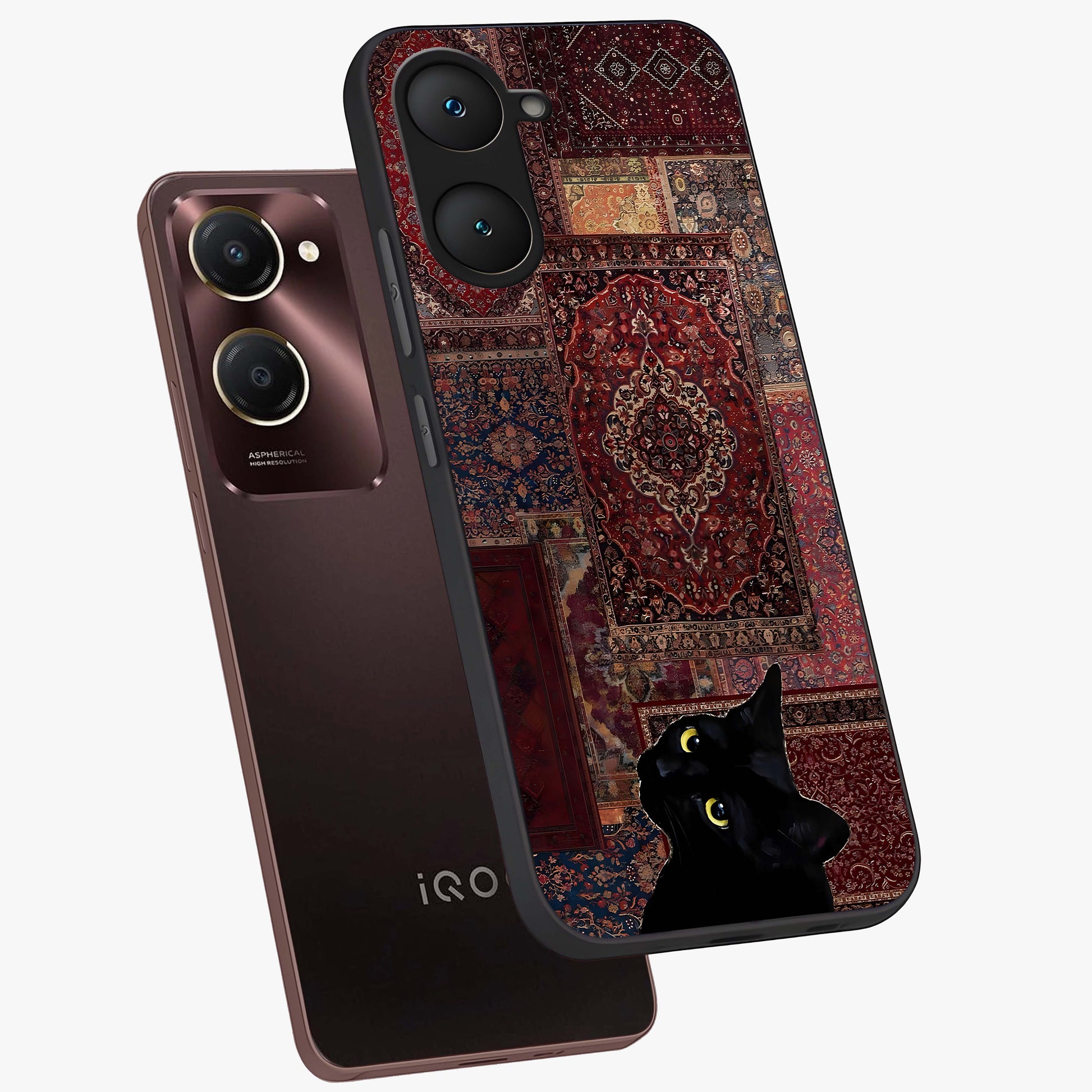 Regal Magic Cat Apple Glass Case displayed in angled mockup highlighting whimsical feline design with fantasy aesthetic.