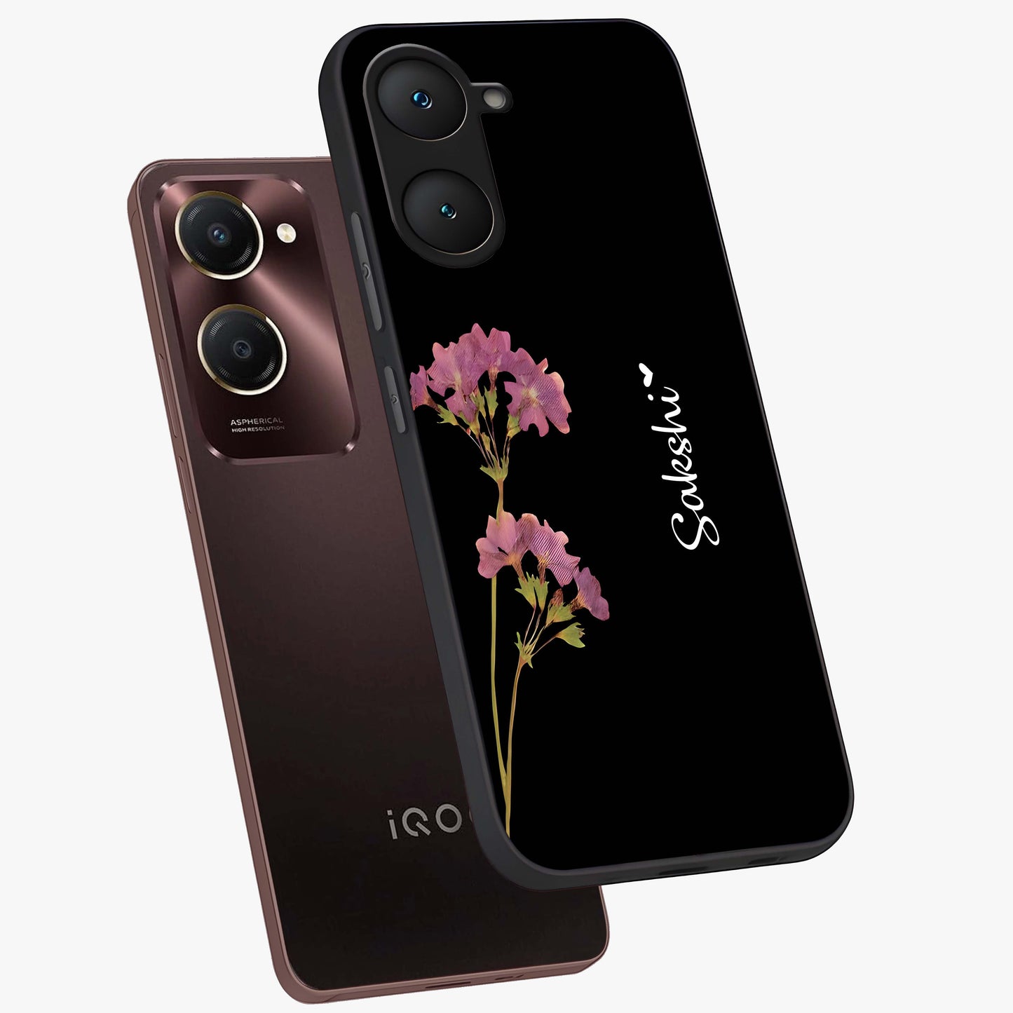 Riching Lavender Flower Custom Name Glass Case displayed in angled mockup highlighting delicate lavender flower design with custom name feature.